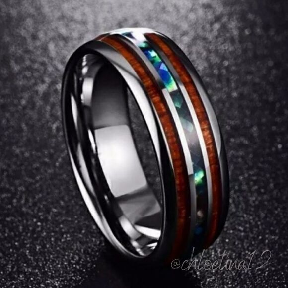 New Unisex Tungsten Hawaiian Koa Wood Abalone Ring - Picture 2 of 7